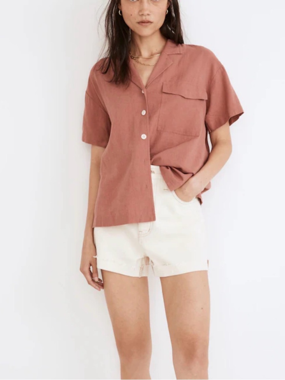 Madewell Linen-Blend Camp Shirt Short-Sleeve Button-Up in Rose Size Large